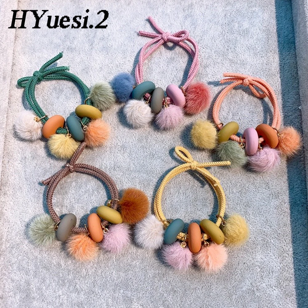 Colorful Pom Pom Balls Hair Ties Kids Girls Cute Elastic Beaded Hair Rope Children Ponytail Holder Rubber Band Headwear