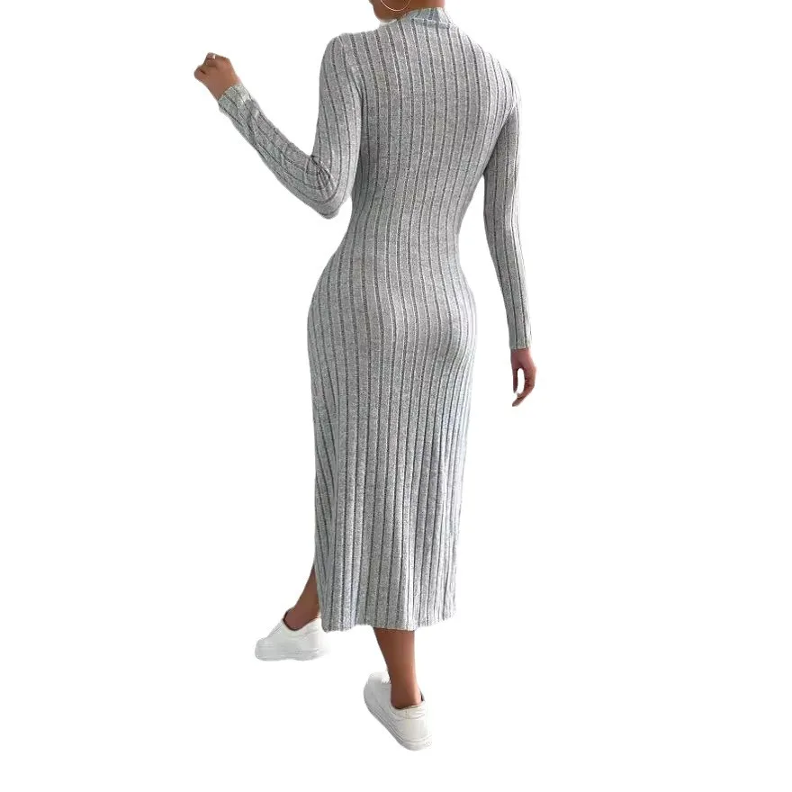 Women\'s 2024 autumn new casual mid length dress, European and American slim fit solid color knitted long sleeved dress