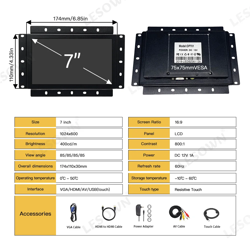 LESOWN Monitor Industri Bingkai Terbuka LCD IPS 7 Inci 1024X600 Rentang Suhu Lebar (-10 ℃   hingga 60 ℃ ) dengan VGA HDMI AV USB (sentuh)