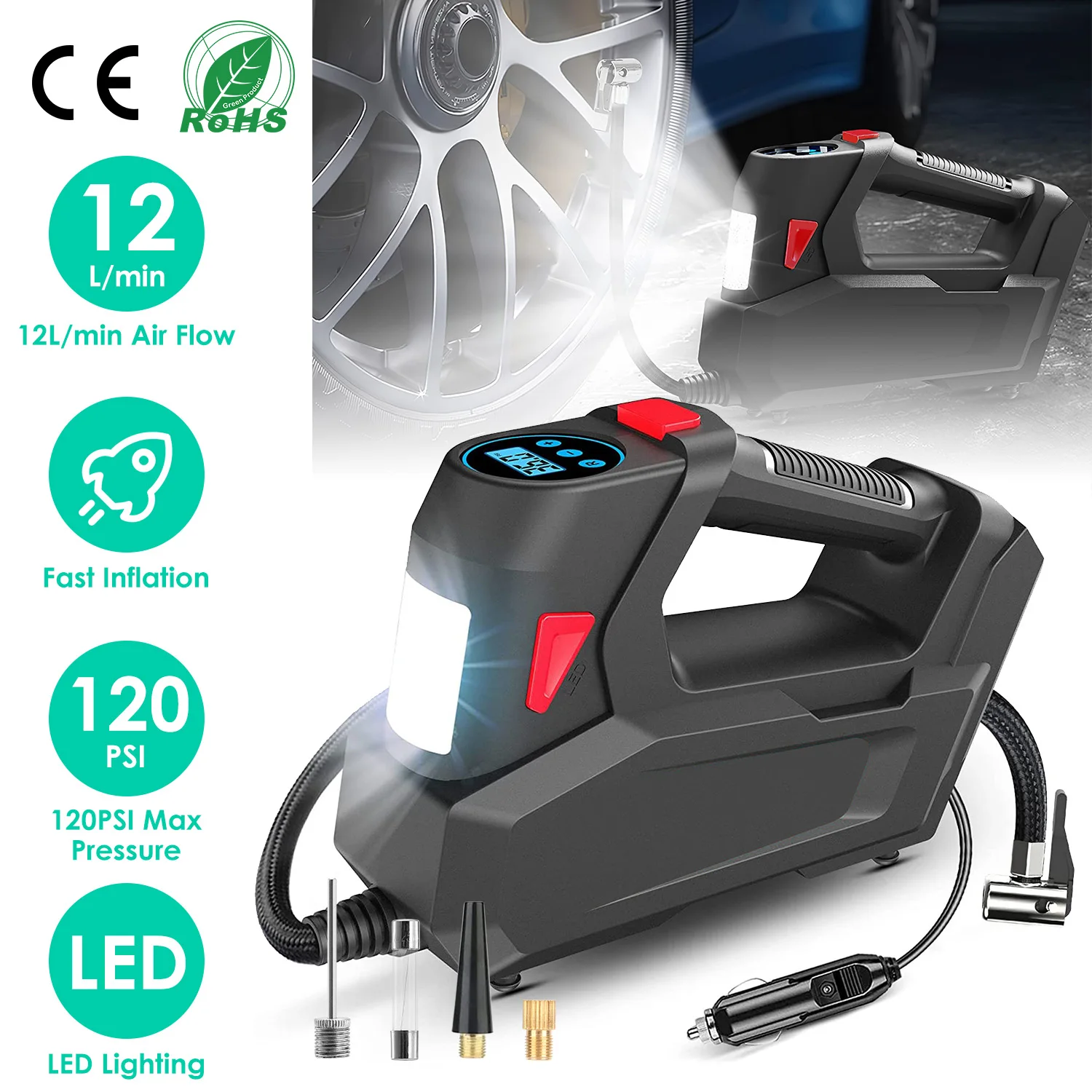 

Портативный автомобильный компрессор 120 PSI, 90 Вт, с цифровым дисплеем, LED-подсветкой, насадкой-иглой и предохранителем
