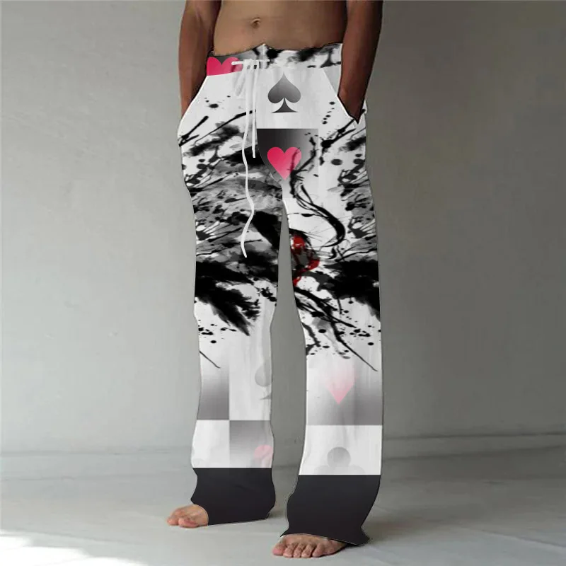 

Men's fashion straight leg pants 3D printed with drawstring design at the waist, front pocket pants, casual poker creative print