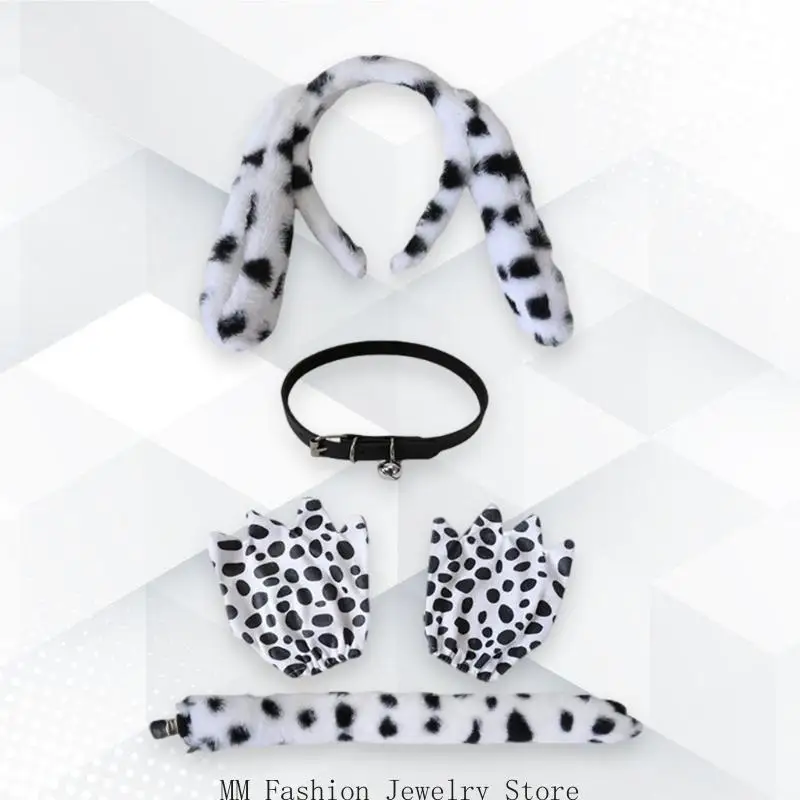 4Pcs Dalmatian Puppy Costume Set Ear Headband Tail Bells Choker Gloves for Kids Halloween Christmas Animal Cosplay