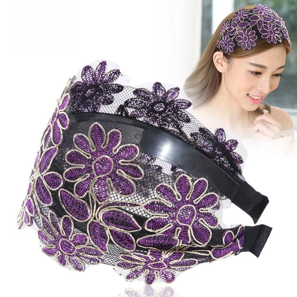 Vintage Embroidery Lace Flower Hair Hoop Wide Side Hairbands Women Mesh Adjustable Non Slip Elegant Headwear