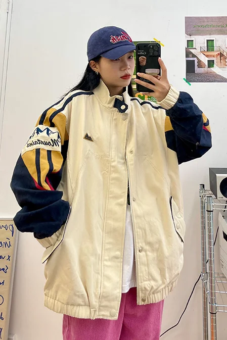 

​​Americana Stand Collar Baseball Jacket Spring Fall 2025 His Hers Coordinates Relaxed Two-Tone Casual Essential Outerwear​​