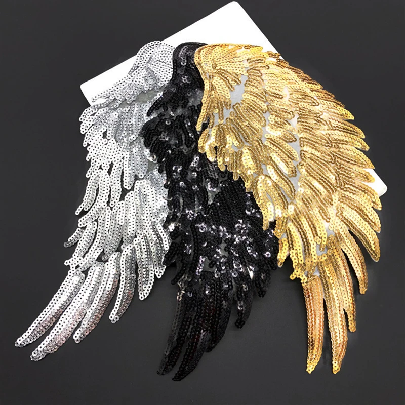Ein Paar glitzernde Flügel-Stickerei-Aufnäher – Gold, Silber, Schwarz, DIY-Aufnäher zum Aufbügeln für handgefertigte Kleidungsdekoration