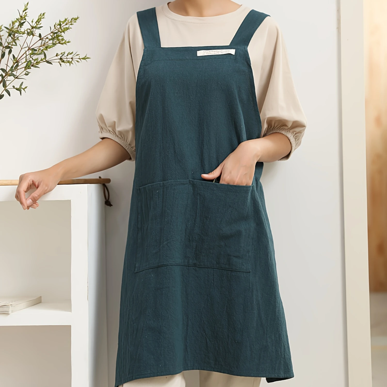 1pc Apron, Multifunctional Cotton Cross Back Apron With Pockets, Household Durable Solid Color Stain-Resistant Work Apron, For C