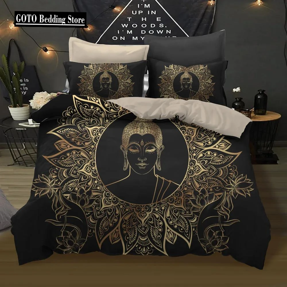 Bedclothes 3D Buddha Statue Bedding Set Black Quilt Cover Sets With Pillowcases Bed Comforter Bedding Sets Queen King Bed Cover