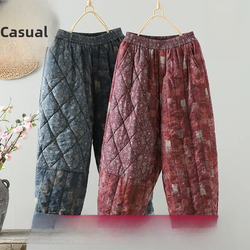 Winter Thiened Große Blume Drucken Ethnische Sle frauen Lose Breite Bein Hosen Baumwolle Hosen plus Größe Faion Mama Tragen