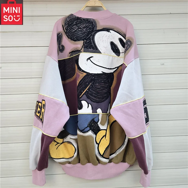 

MINISO плюшевая бейсбольная куртка с мультяшным принтом и блестками, свободный большой выпуск, женская осенне-зимняя новая хлопковая куртка