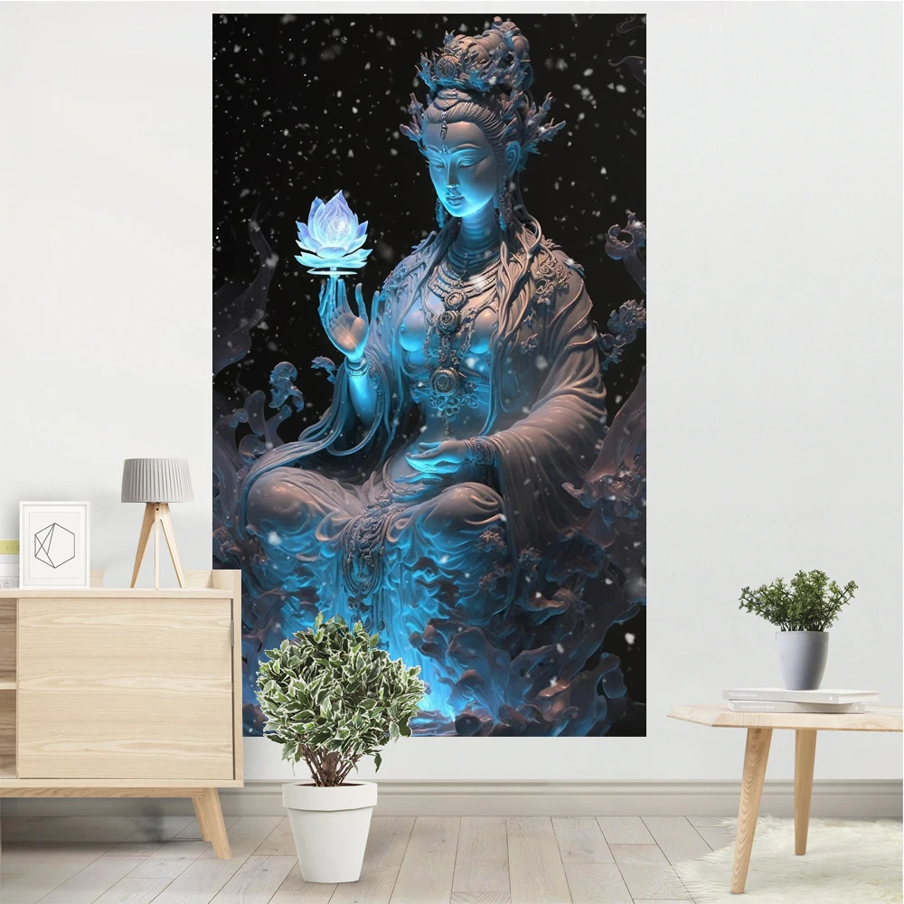 

Mysterious Avalokiteshvara Tapestry Lotus Flower Oriental Traditional Culture Buddhist Room Wall Decoration