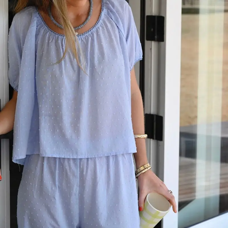 

HEZIOWYUN Women 2Piece Summer Swiss Dot Pajamas Loungewear Set Short Puff Sleeve Round Neck Tops +Elastic Waist Flare Long Pants