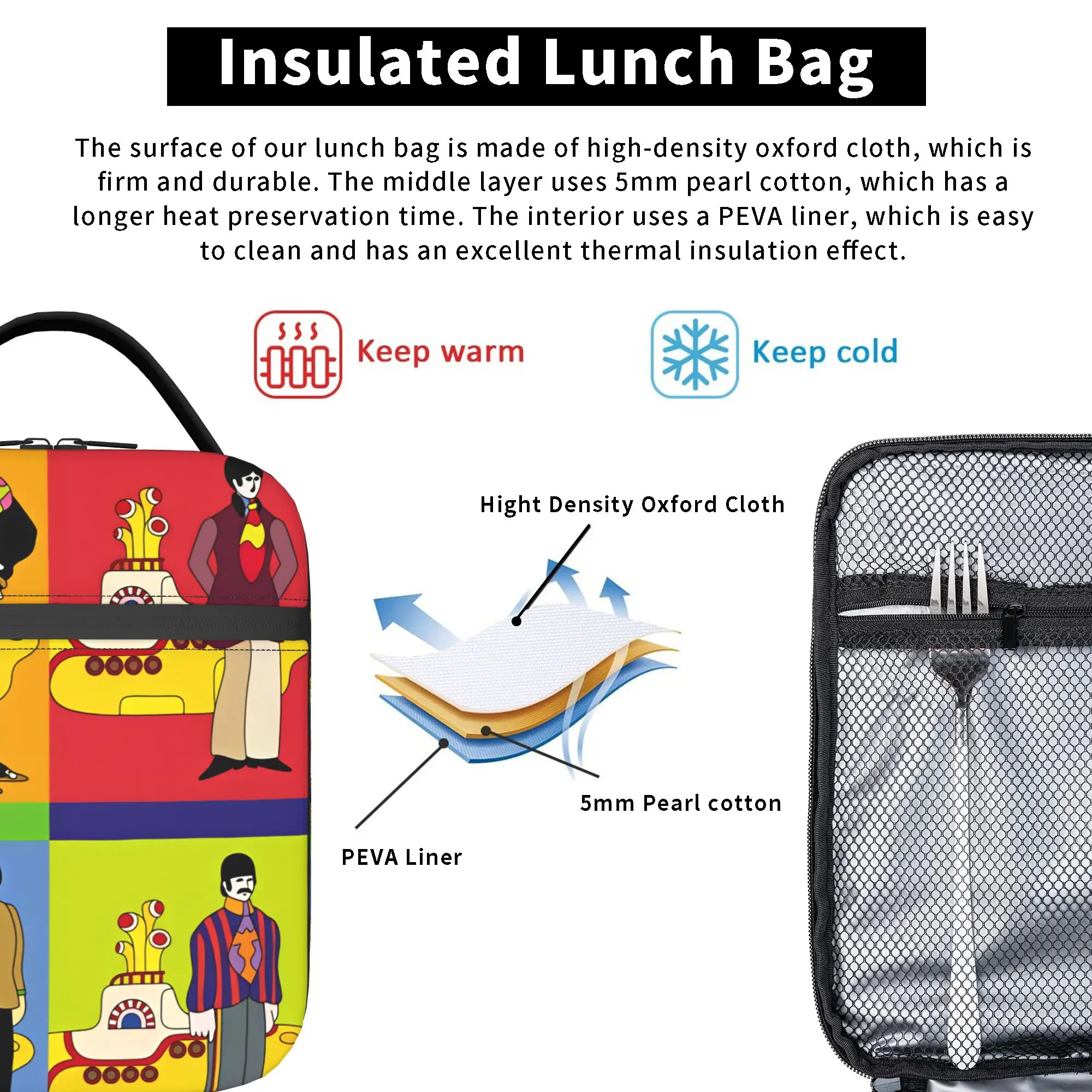 Beatle Yellow Submarine Lunch Bag, Musikalbum, Schul-Lunchbox für Männer, lässige Tragetasche, Lebensmitteltaschen, wasserdichte Kühltasche mit Reißverschluss – Detail 5
