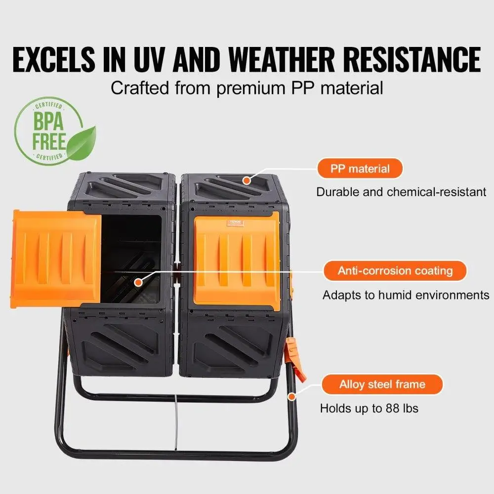 Compost Bin, 37-Gal Dual Chamber Composting Tumbler, High Volume Two Rotating Chambers with 2 Sliding Door and Steel Frame, BPA