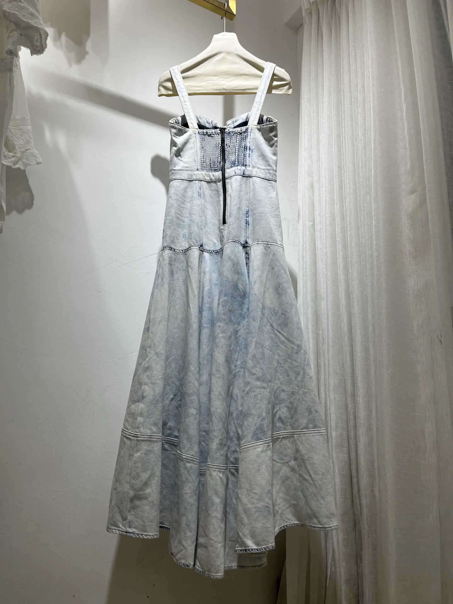 Women Strapless Bra 100% Cotton Sleeveless Irregular Hem Denim Sling Midi Dress