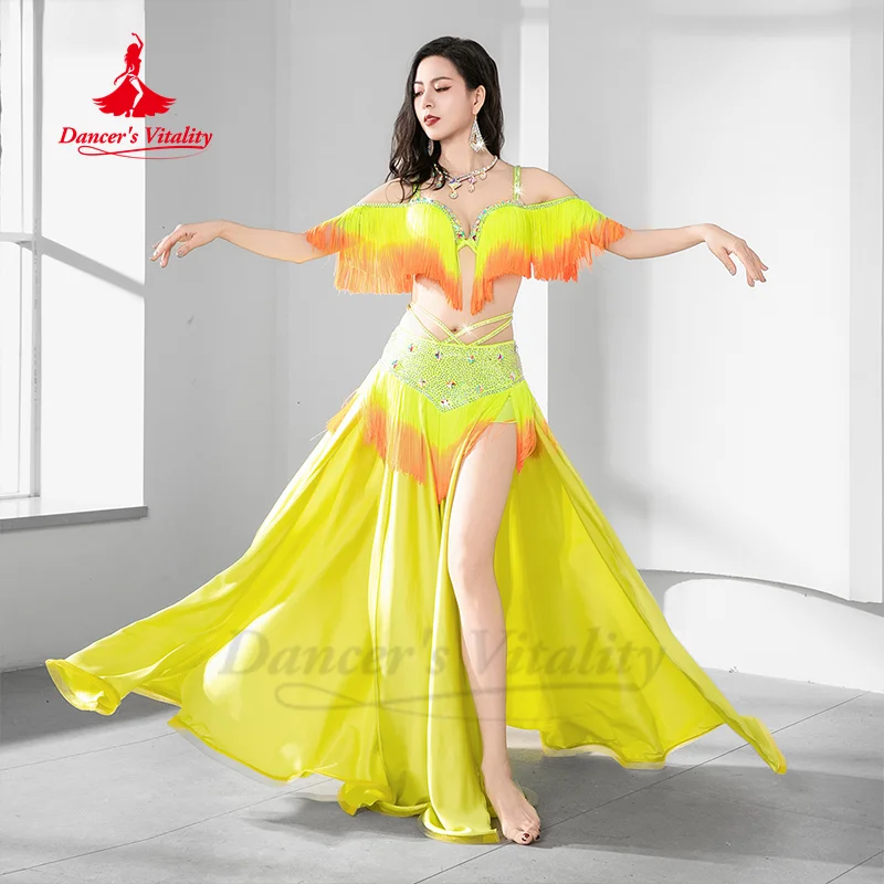 Conjunto de roupas para performance de dança do ventre, sutiã com borla gradiente + saia longa de cetim sexy, 2 peças, trajes de competição de dança oriental