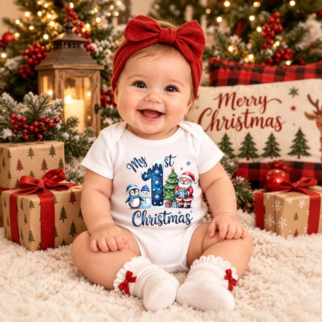 My 1st Christmas Baby Bodysuit Short Sleeve Newborn Romper Santa Penguin Snowman Print Infant Jumpsuit Boys Girls Xmas Outfit