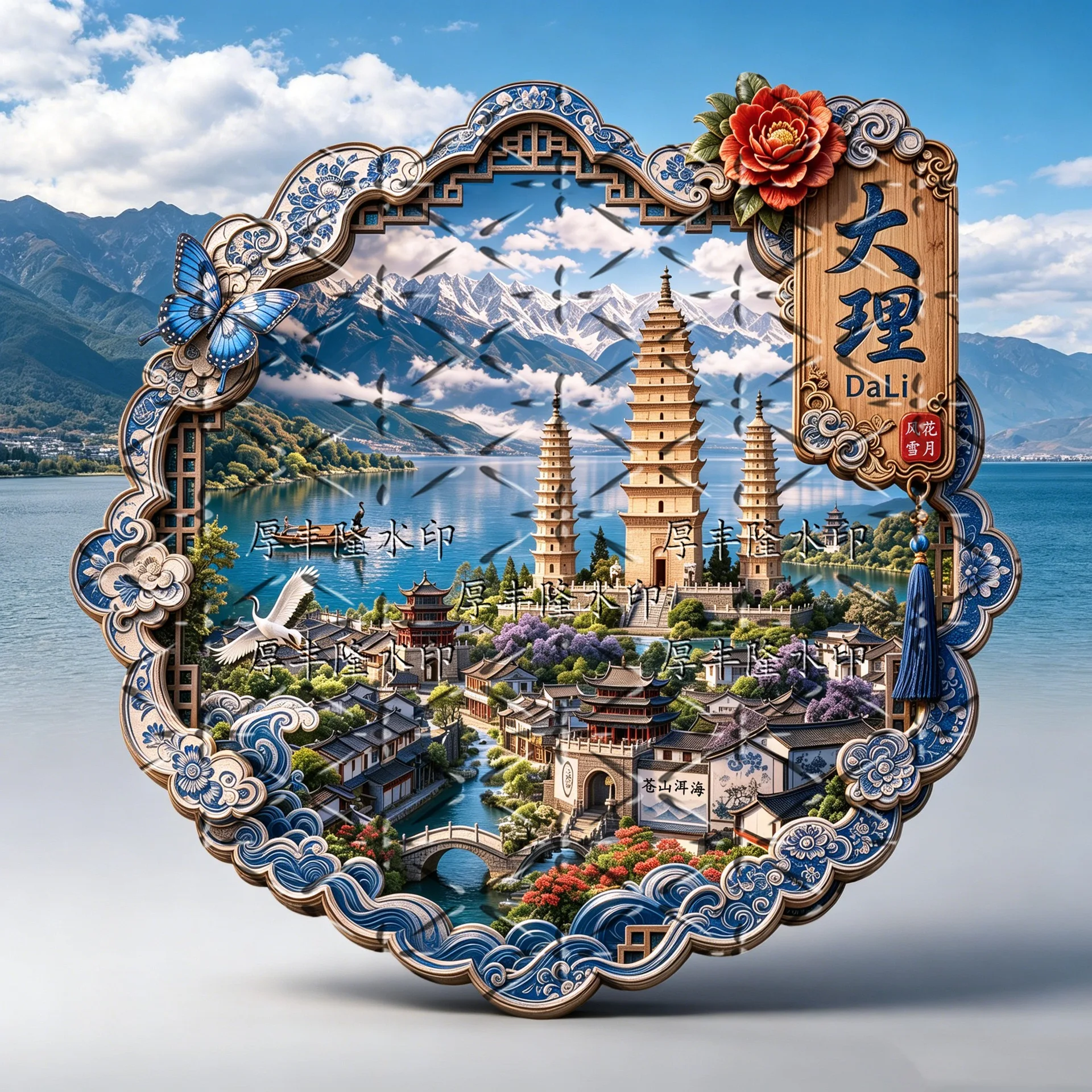 Metal Embossed Magnetic Fridge Magnet, Yunnan Dali 3 Pagodas Ancient City, Blue White Porcelain Chinese Trend Stylish Souvenir