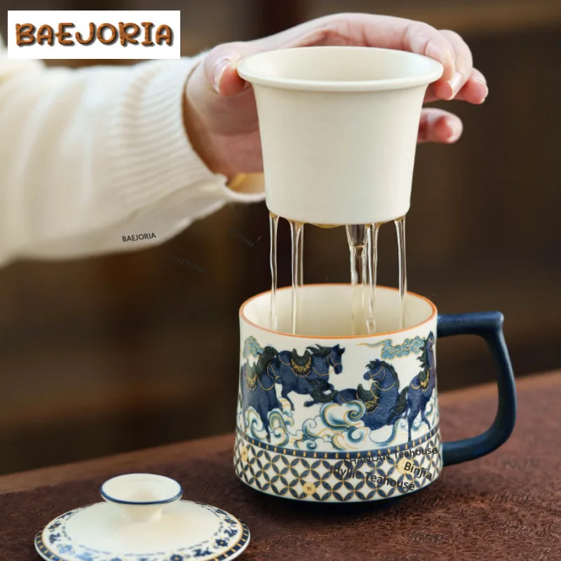 275ml Decal Auspicious Clouds Eight Horses Filter Tea Separator Cup Zen Tea Mug With Infuser Tea Making Office Water Cup Craft