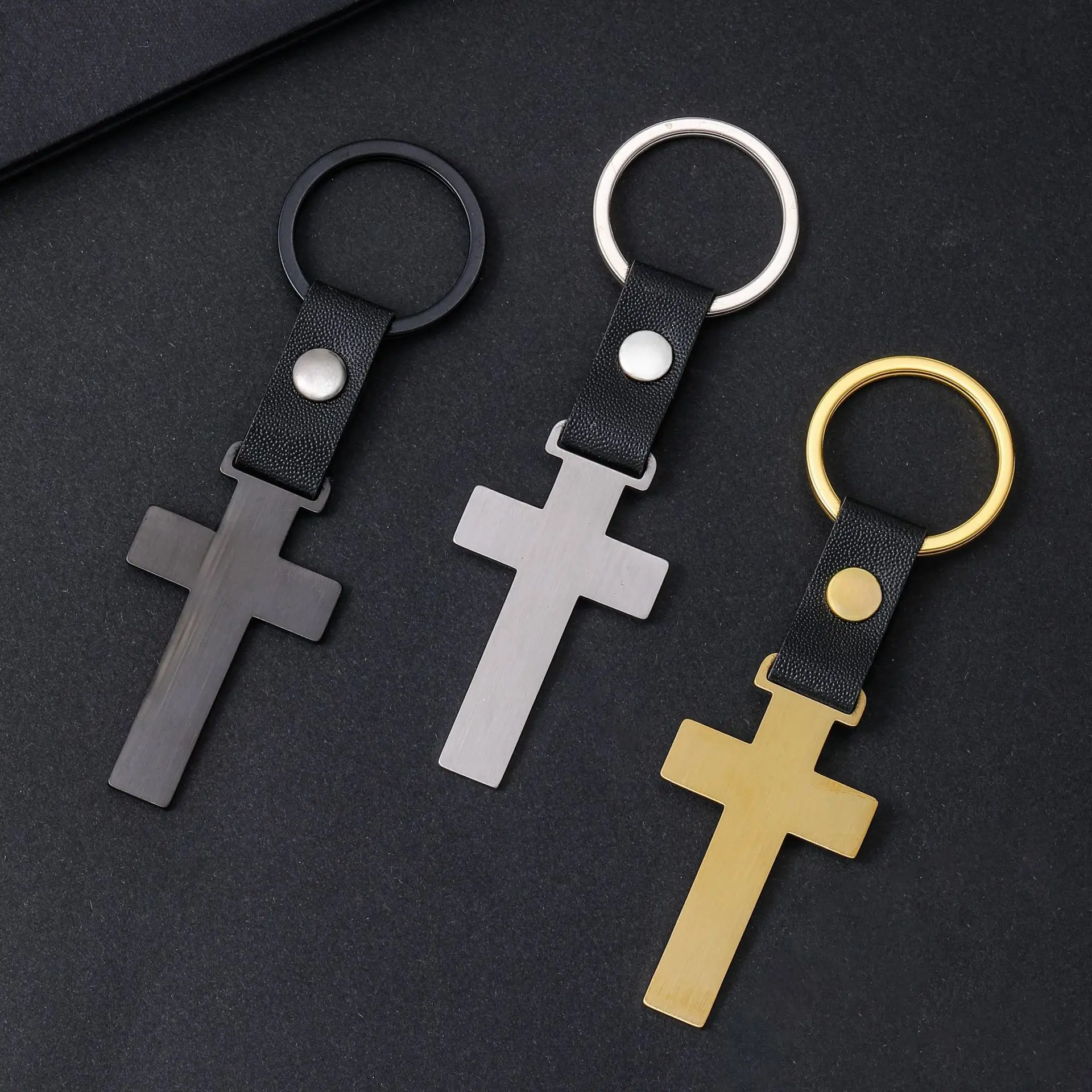 Customized Keychain Blank Stainless Steel Cross Leather Keyring Key Chains DIY Accessory Gift Wholesale