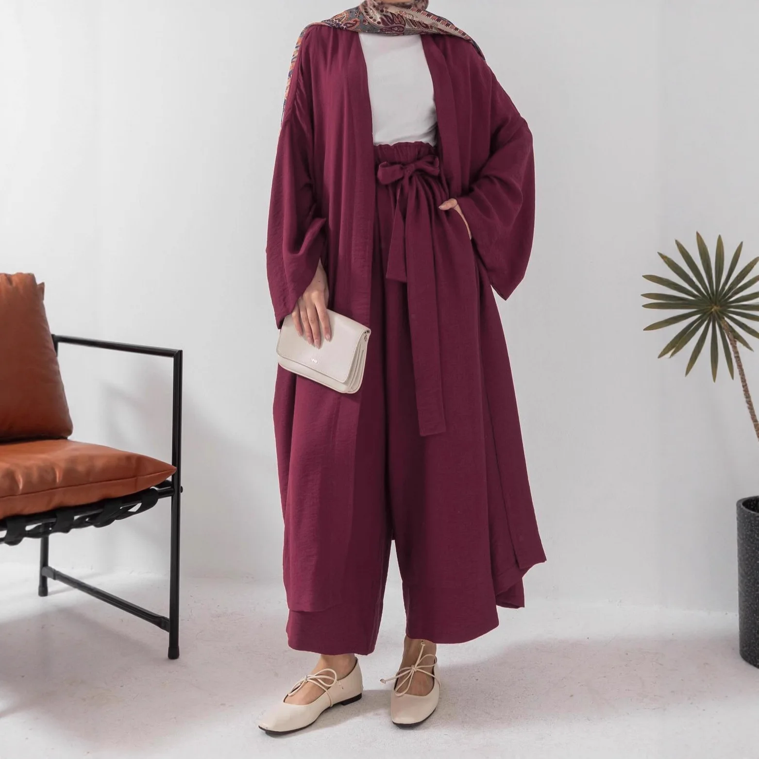 Abito Eid Cardigan Pantaloni a gamba larga Donna Set da 2 pezzi Pantaloni lunghi musulmani Dubai Ensemble Abiti modesti Marocco Ramadan