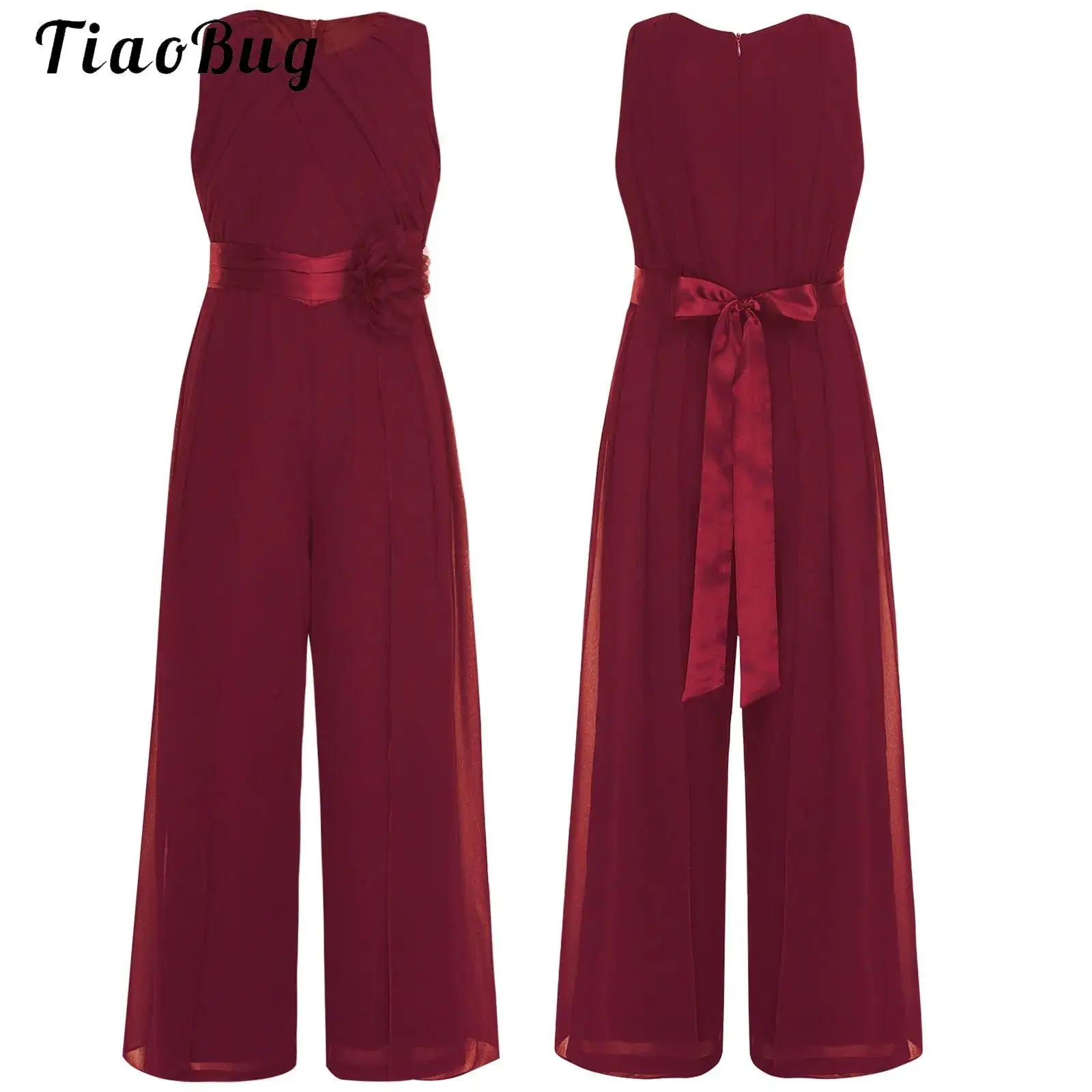 

Girls Chiffon Jumpsuit Festive Sleeveless Flower Girl Long Wide Leg Trousers with Waist Belt Romper for Party Wedding Communion