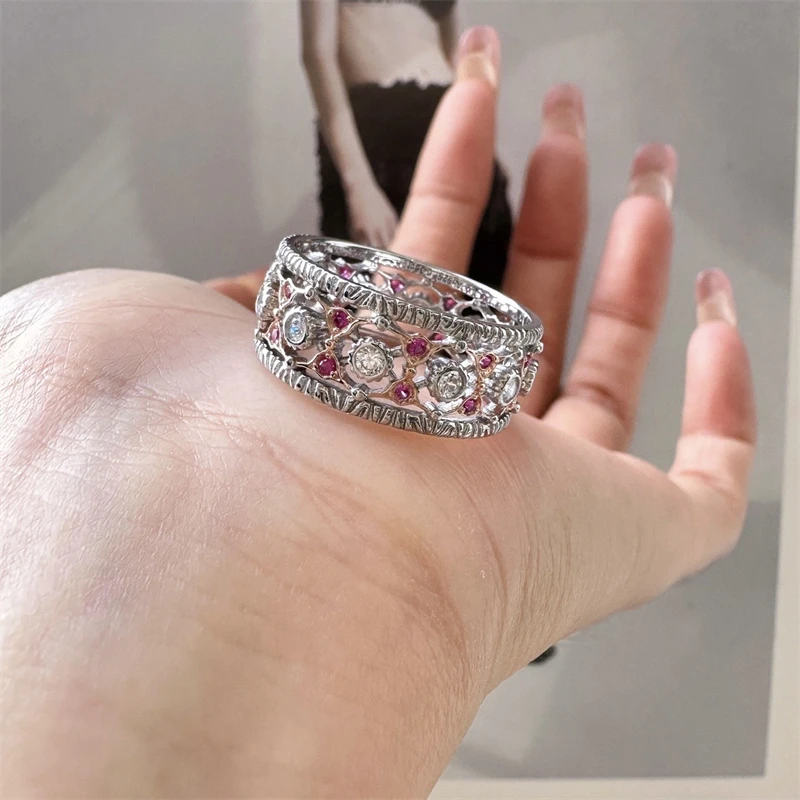 French Retro Pink Crystal Lace Hollow Adjustable Ring for Women Fashion Exquisite Knot Ring Jewelry Accessories Wholesale