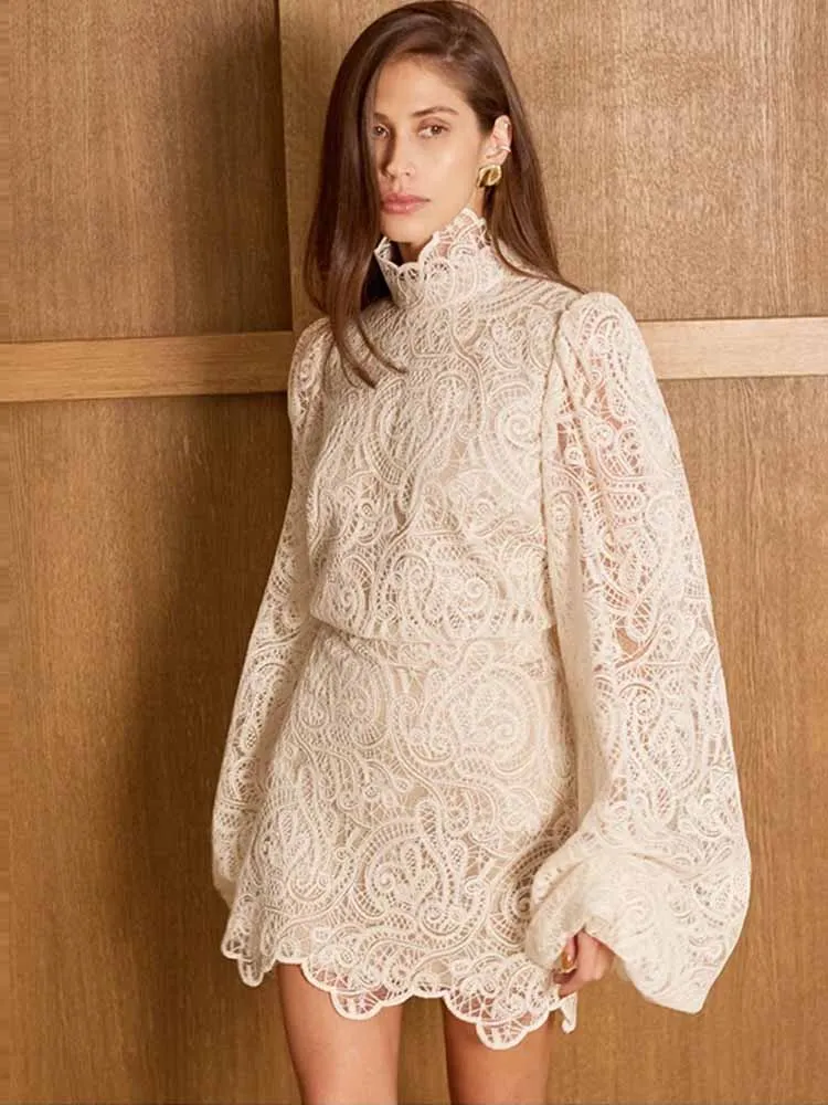 Lace Elegant Skirt Two Piece Set Women Turtleneck Hollow Out Lantern Sleeve Tops Irregular Hem Mini Skirt 2025 Chic Party Suit image 2
