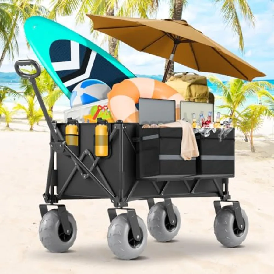 Beach Wagon for sand, heavy-duty collapsible wagon with 9 all-terrain inflatable tires, foldable beach cart in black, durable p
