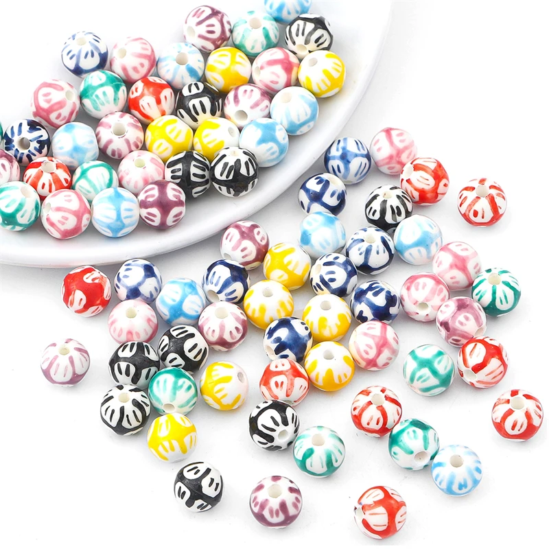 2 Stück 10 mm Graffiti-Perlen aus glasiertem Porzellan, handbemalte Blumen, runde Perlen mit großem Loch für die Herstellung von DIY-Ohrringen, Armbändern und Schmuck – Detail 5