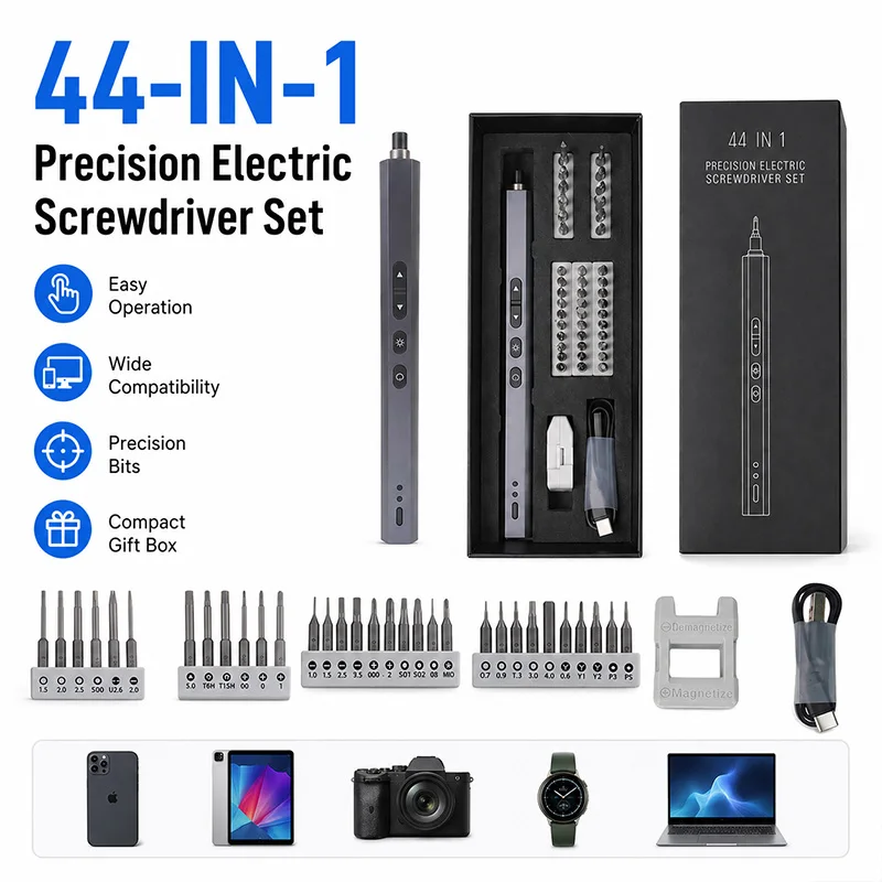 44-in-1 Precision Electric Screwdriver Set Rechargeable Cordless Pen Tool with LED Light for Phone PC Watch Camera Repair Kit