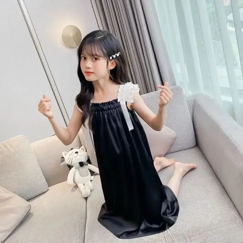Girls Ice Silk Sling Nightgown Summer Ruffle Strap Sleep Dress Kids Loose Night Dress Teen Big Girl Cool Satin Pajamas Home Wear