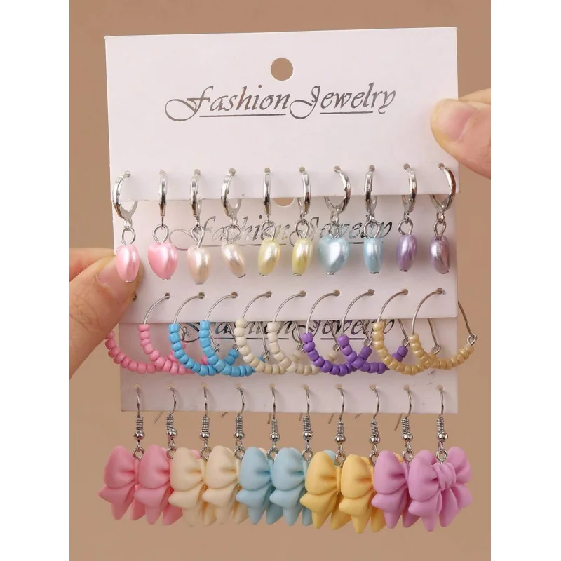 15 Pairs Cute Girls‘ Earrings Set: Heart, Rice Bead & Butterfly Designs for Sweet Daily Mix & Match