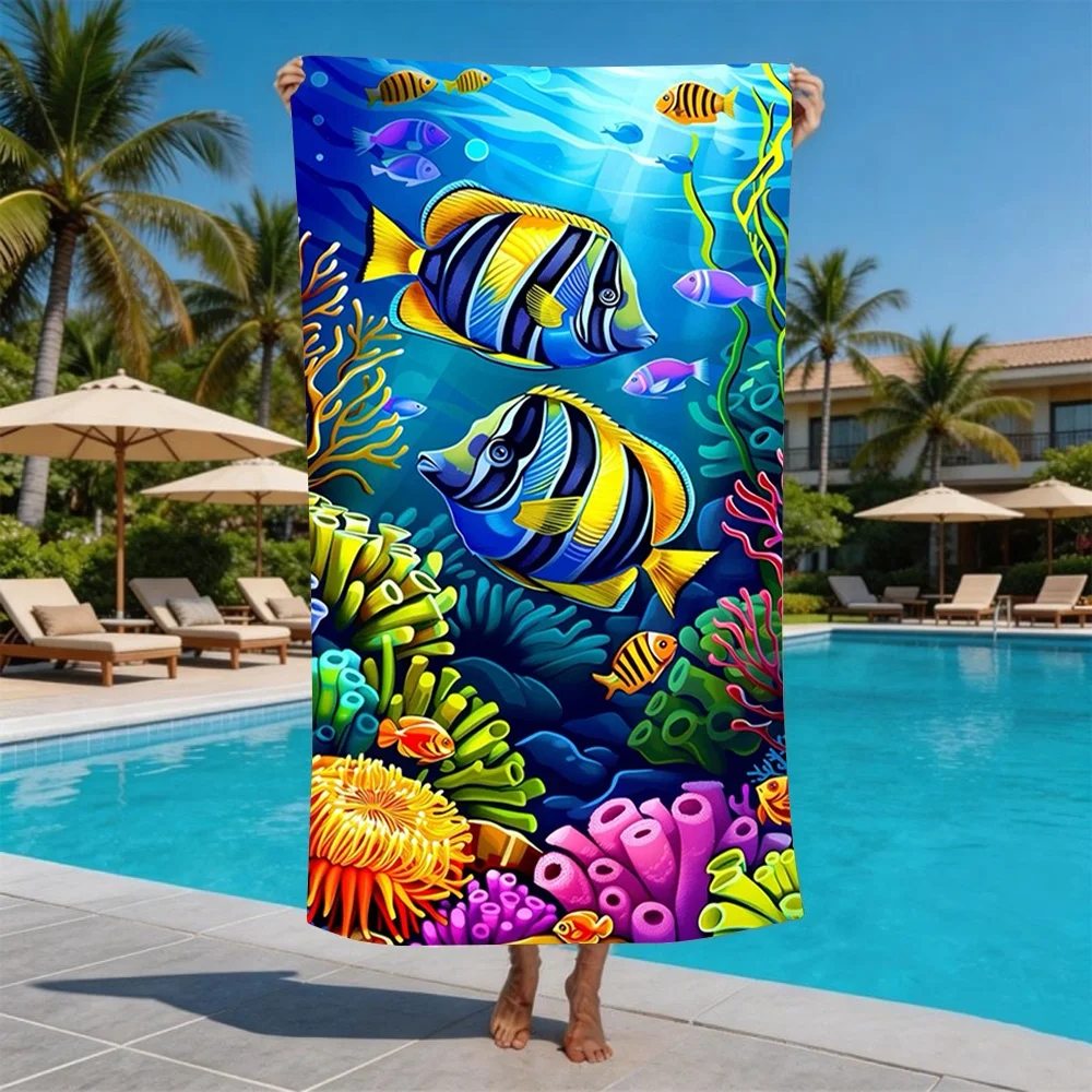 Toalha de Praia Peixe-Palhaço Iluminado pelo Sol - Toalha de Banho de Microfibra de Secagem Rápida com Arte Colorida de Recifes de Coral para Viagens e Férias de Verão