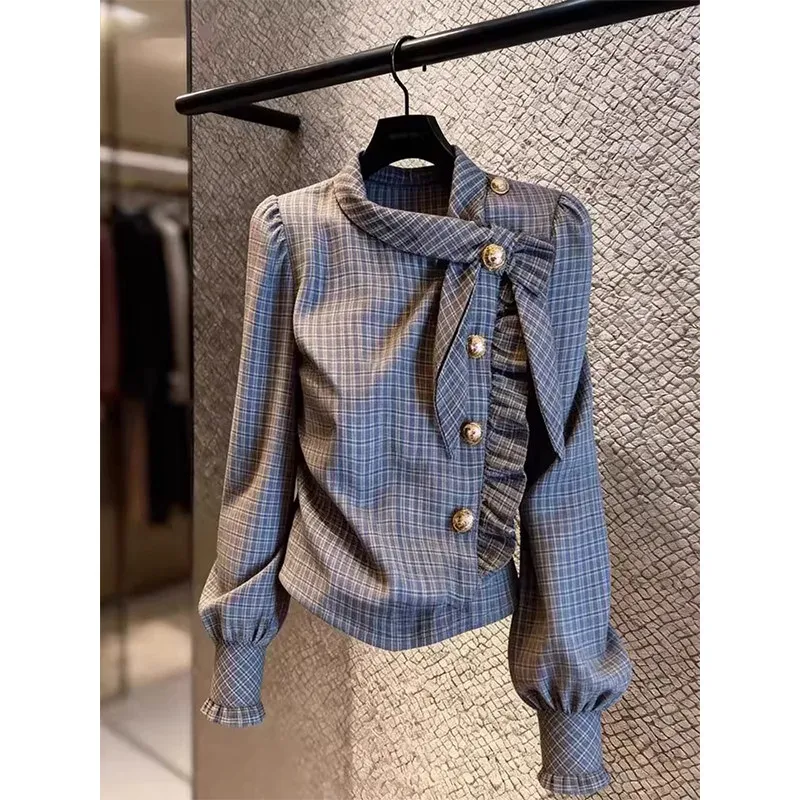 

Корейская стильная женская рубашка в клетку с длинным рукавом для весны, повседневная, омолаживающая, уникальная, для офиса, укороченный топ