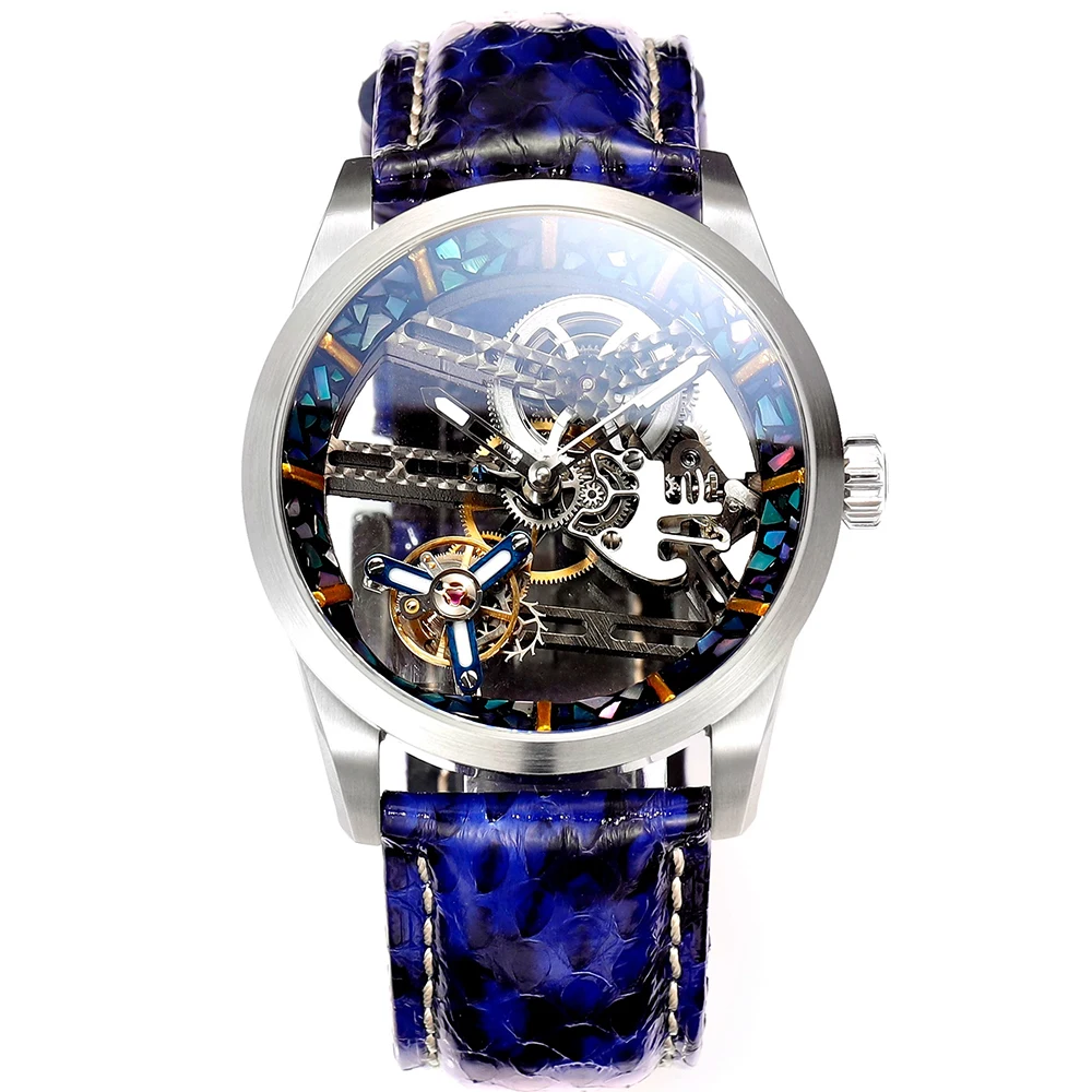 HUASUO Intangible Cultural Heritage Lacquer Inlaid Bezel 42mm Men\'s Mechanical Tourbillon Watch Sapphire Srystal Python Strap