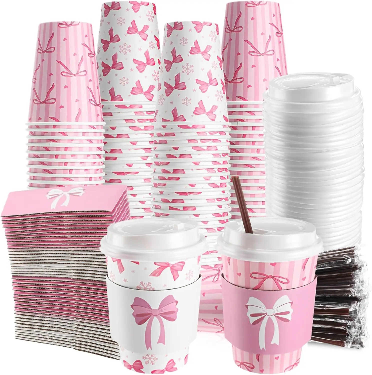 

50 Set Pink Bow Coffee Cups with Lids, Straws and Sleeves Pink Bowknot Disposable Drinking Cup for Wedding Coquette Birt