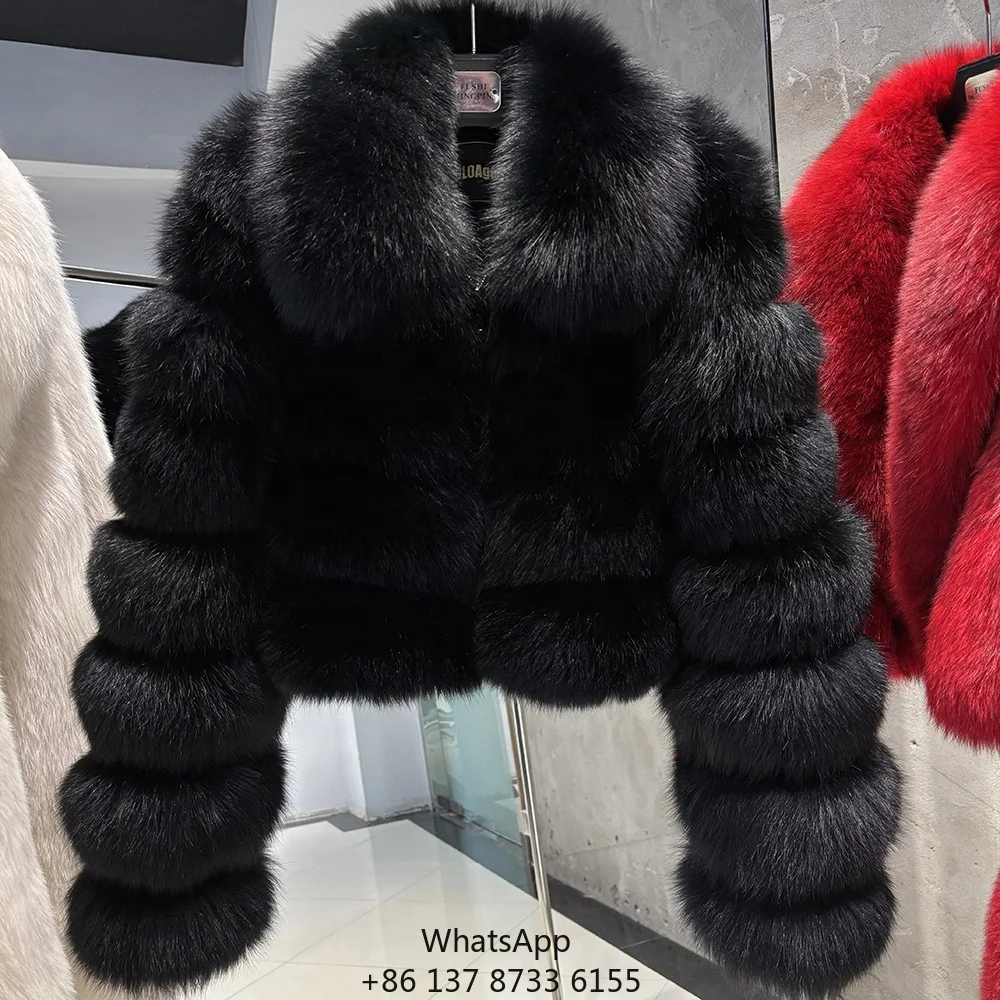 

Горячая новинка 2025: Черная зимняя теплая куртка-бомбер из натурального лисьего меха для женщин