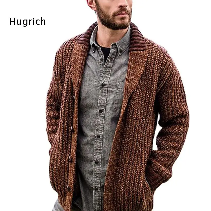 Men Shawl Collar Chunky Rib Knit Cardigan Button Down Long Sleeve Warm Sweater Coat with Side Pockets