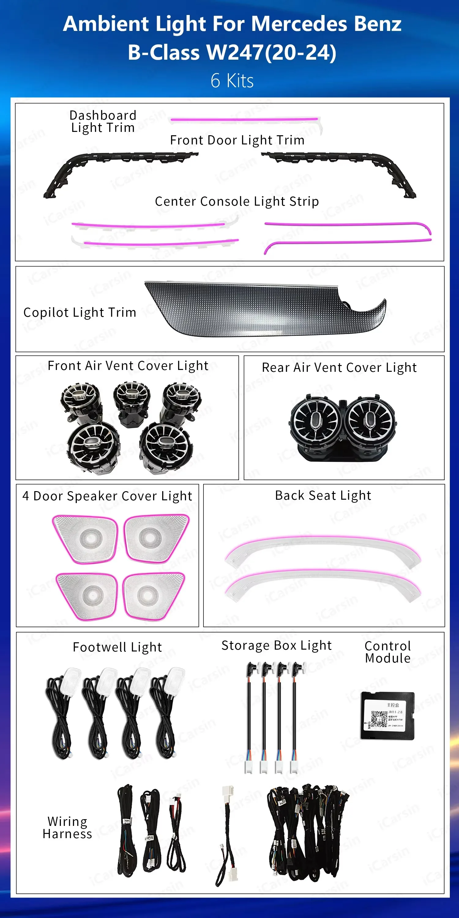 Upgrade 64 Color LED Car Interior Ambient Lighting For Mercedes Benz B-Class W247 2020-2024 Atmosphere Strip Accessories
