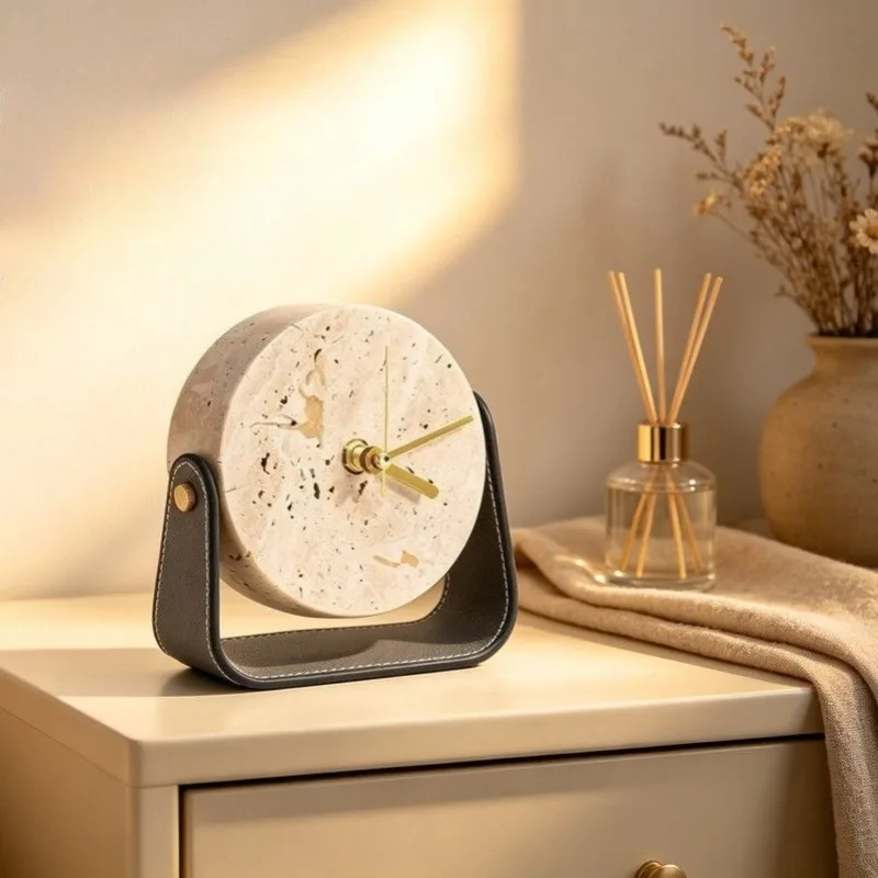 Natural Travertine Table Clock Interior Desktop Luxury Retro Leather Desk Clock Modern Minimalist Silent Clocks Home Ornament