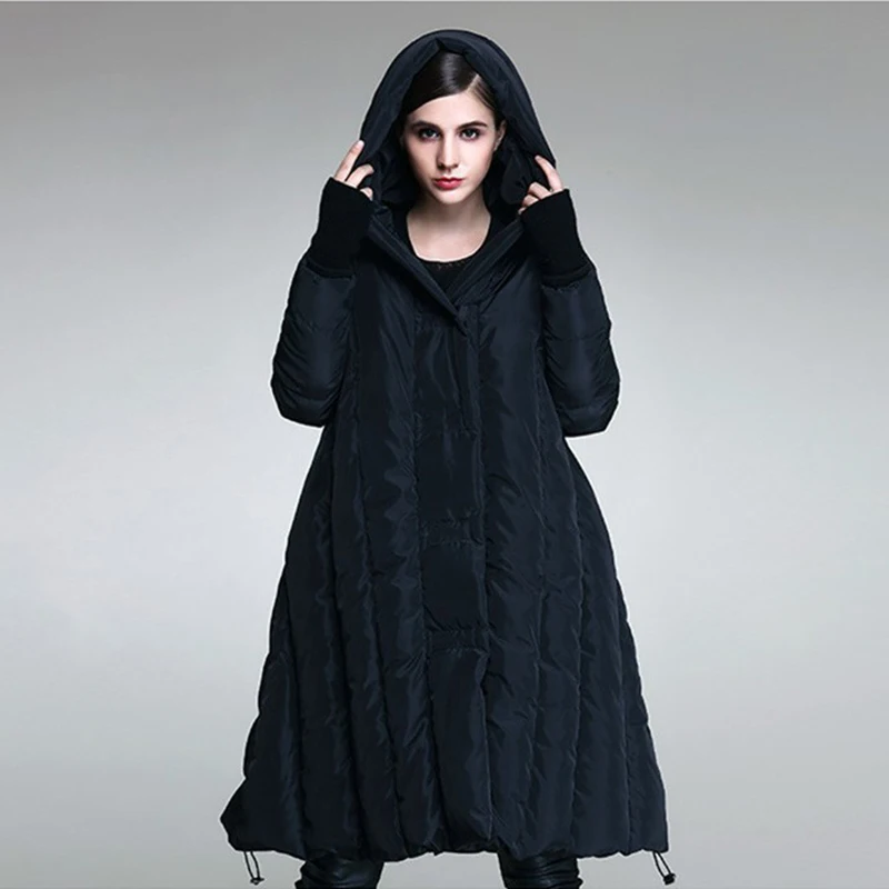 Winter Long Oversized Hooded Cold Proof Down Jacket Women White Duck Down Quilted Outwear Female Hidden Button Warm Parker Jacke