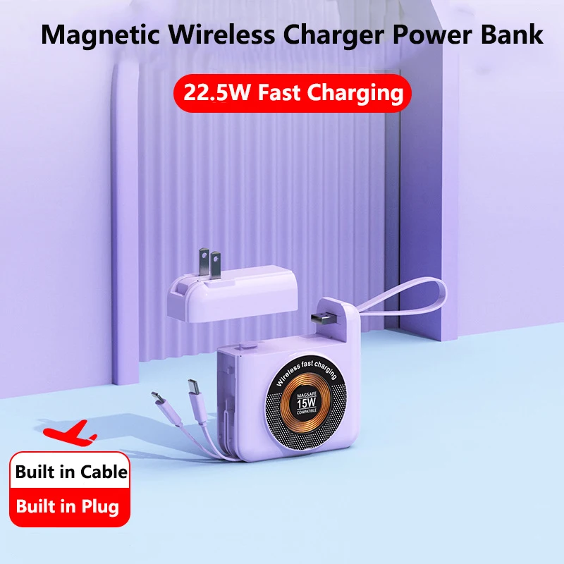 

20000mAh Magsafe Power Bank with Cable AC Plug Wall Charger 22.5W Fast Charging for iPhone 15 14 Huawei Xiaomi Samsung Powerbank