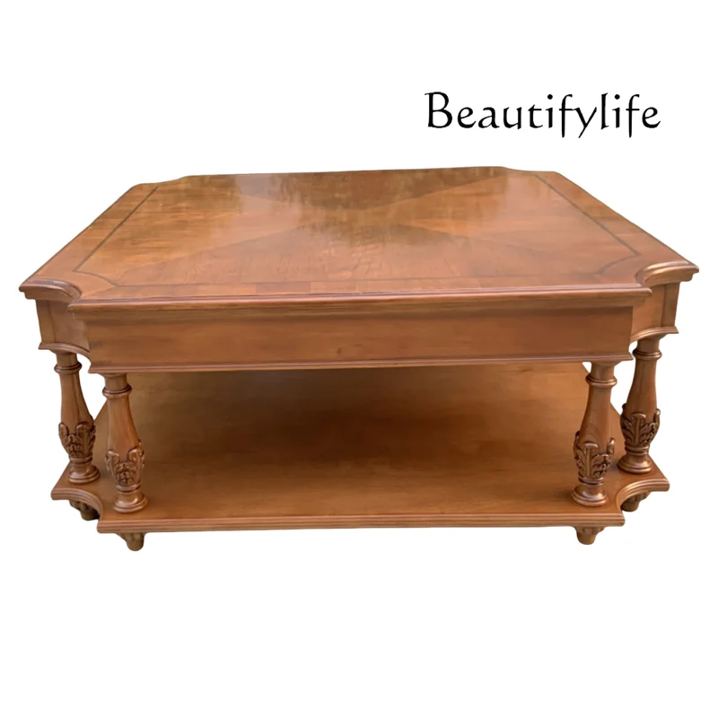 

American solid wood carving flower coffee table living room light luxury household tea table European retro old square tea table