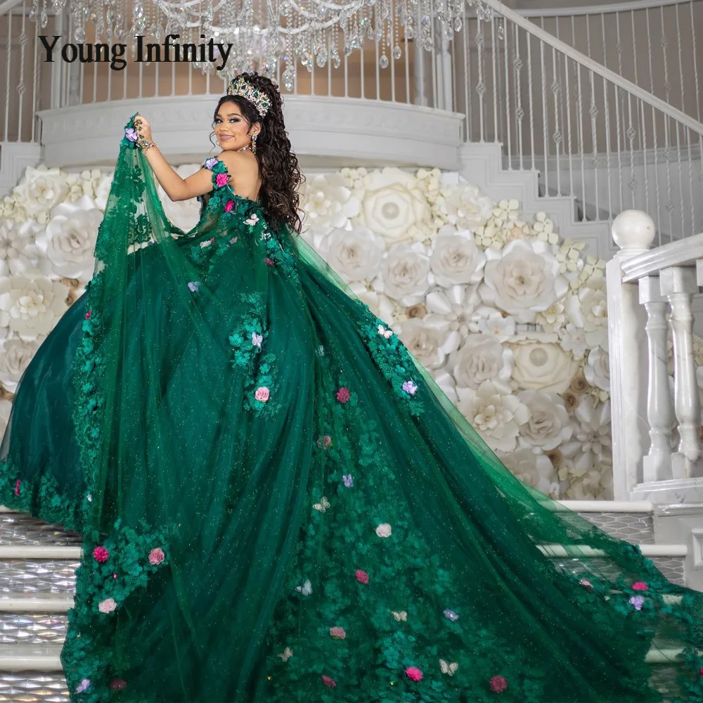 Princess Long Train Green Flower Quinceanera Dress 2024 Ball Gown Birthday Party Formal Sweet 15 16 Pageant Wear Plus Size Gala