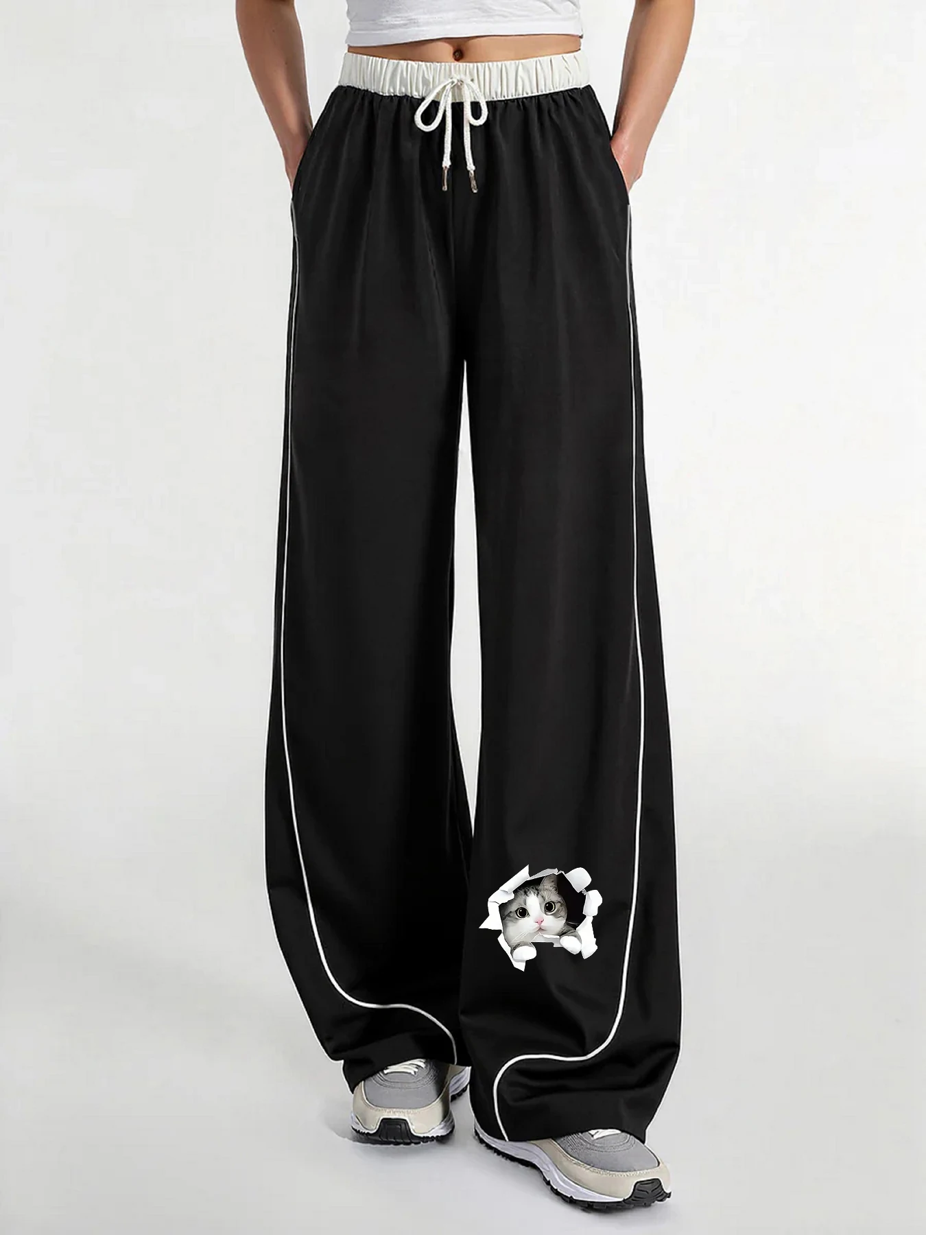 Women's Casual Pants, a Must-Have for Trendy Looks, Spring and Autumn Season, Cute and Unique Style, Ripped Cat Print Wide-Leg Pants, Side Stripe Design, Slimming and Figure-Flattering, Casual Women's Long Pants, Spring and Autumn Street Style, Women's Clothing