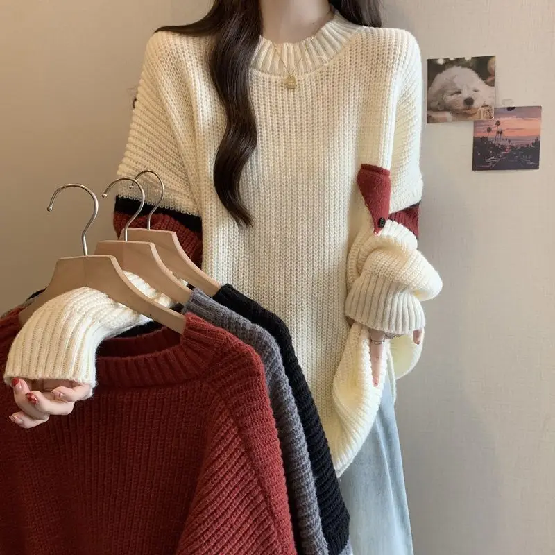 Loose Mid-length Pullover Sweater for Women in Autumn and Winter Round Neck Long Sleeve Printed Versatile Sweater Casual Top