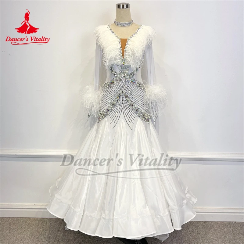 성인 탱고 포크스트롯 국제 챔피언십 진주 실크 원단 깃털 스타일 드레스 고급 맞춤형 댄서의 활력