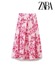 TRAF Woman's Summer Vacation Botanical Floral Printed Misty Skirt Pink Hundred Fashion High Waist Slim A-Line Pleated Skirt