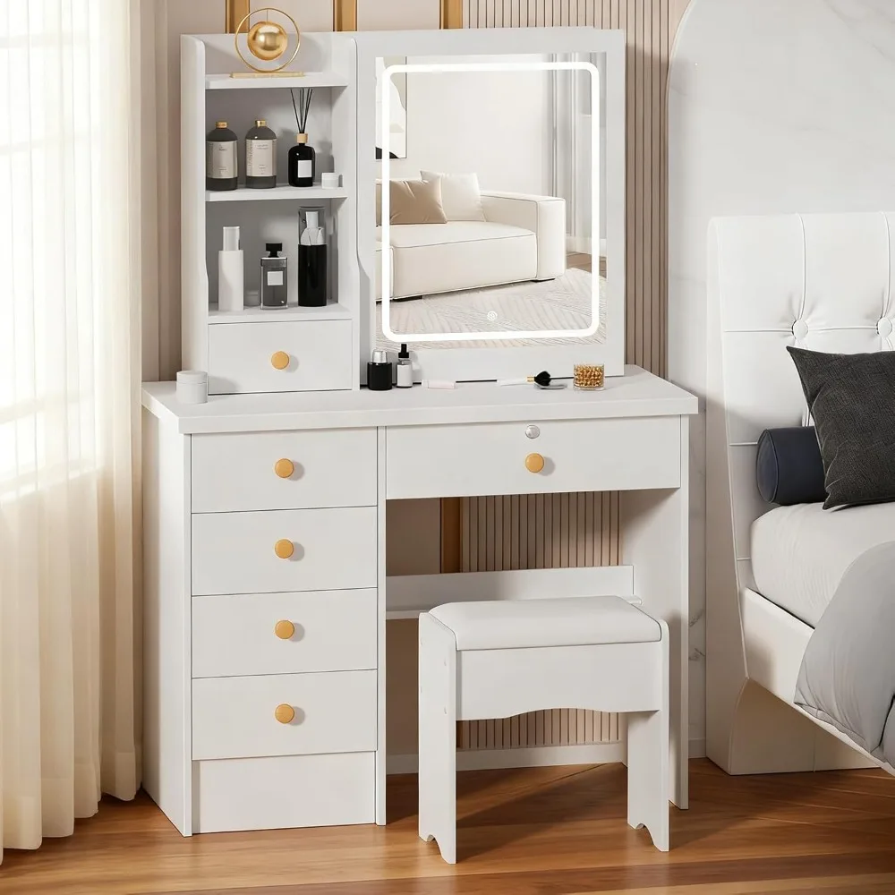 coiffeuse avec miroir et tabouret, coiffeuses avec réglage de la luminosité 3 couleurs, coiffeuse avec miroir led, 6 d