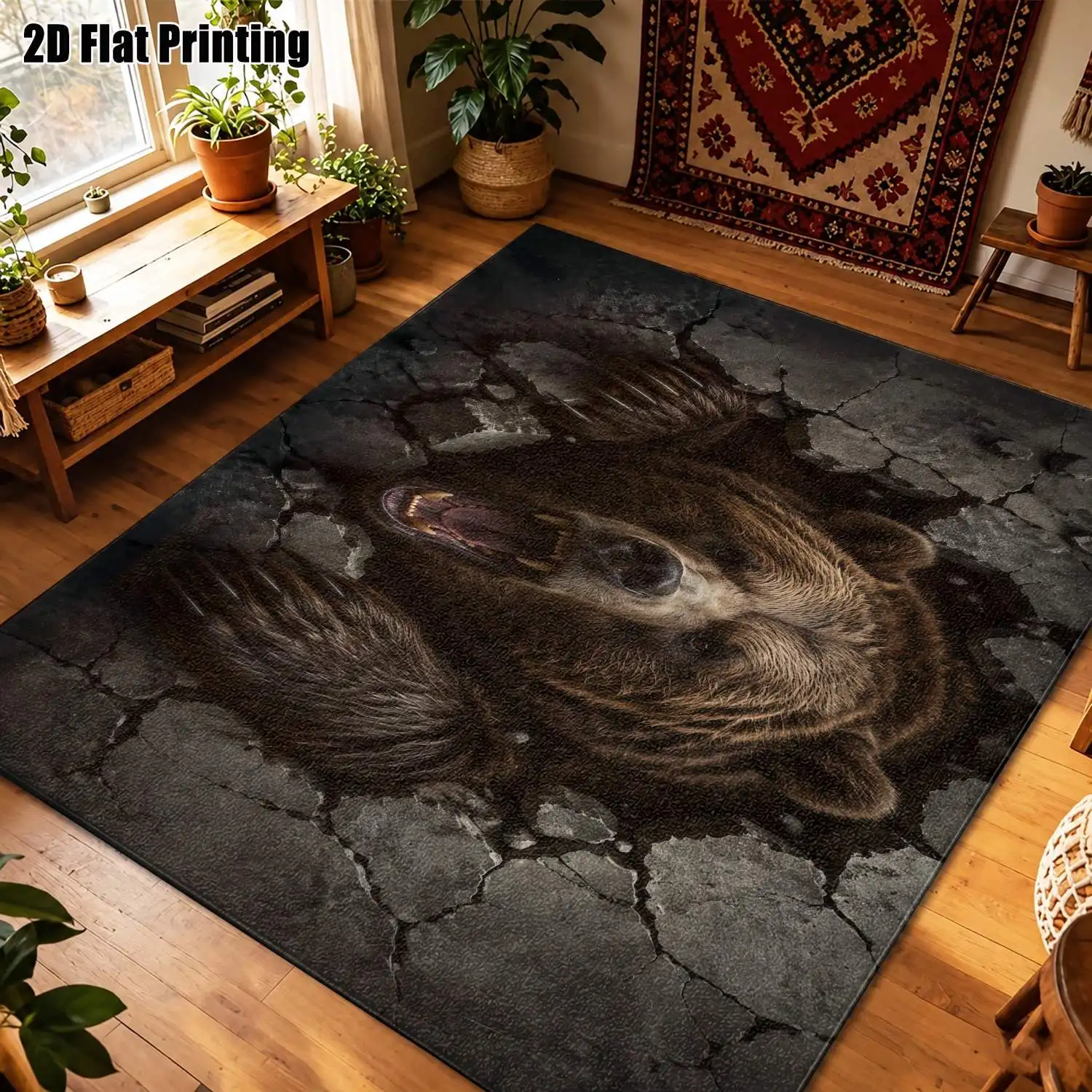 1Pc 2D Printed Carpet: Brown Bear & Broken Map Pattern Nordic/Instagram Style, Modern Minimalist Vintage European Floor Mat, Home Decor, Multi-Size, Machine Washable, for Entrance, Dining, Foyer, Bedroom, Living Room.